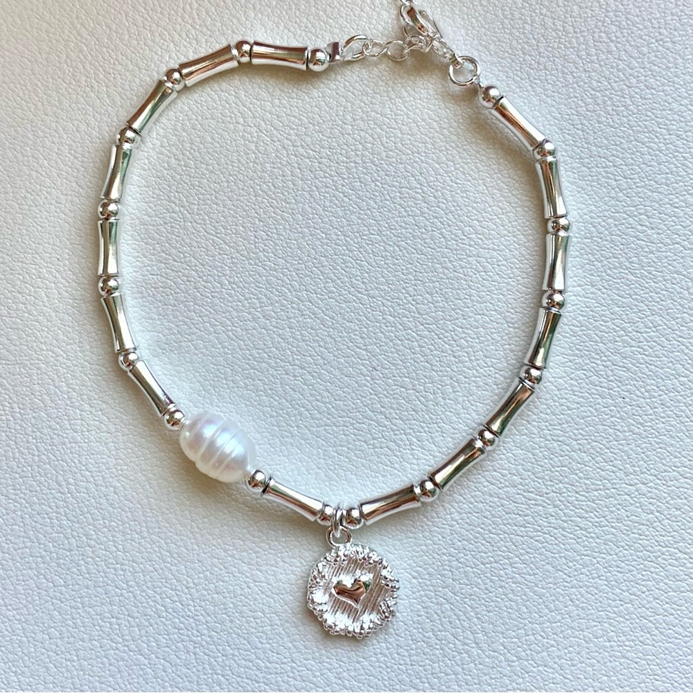 Silver bamboo bracelet with pearl and heart charm